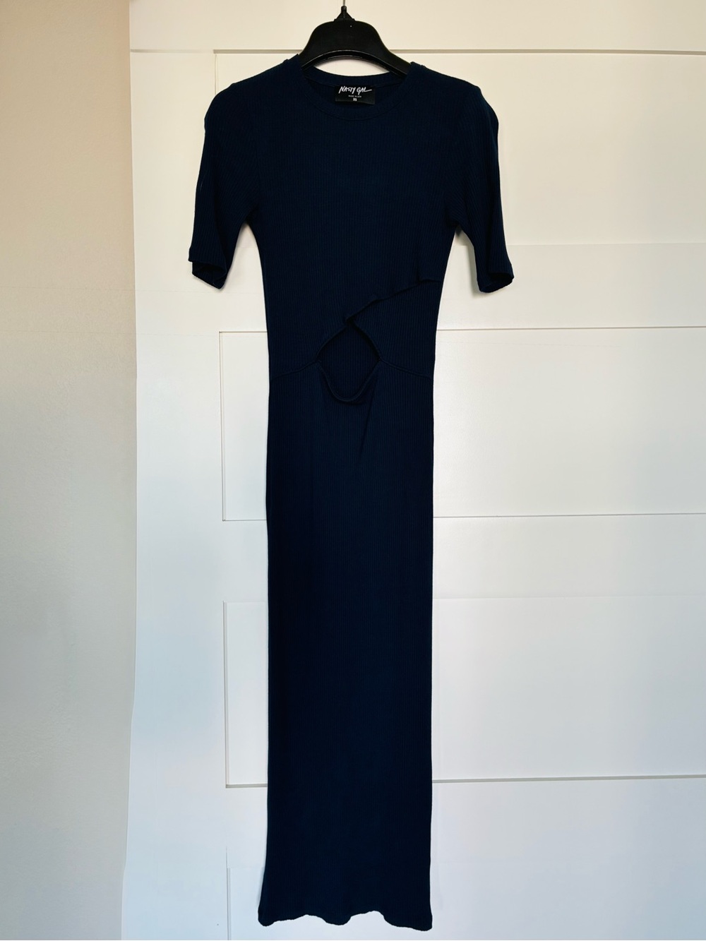 Nasty Gal XS Navy Blue Ribbed Cutout Midi Dress